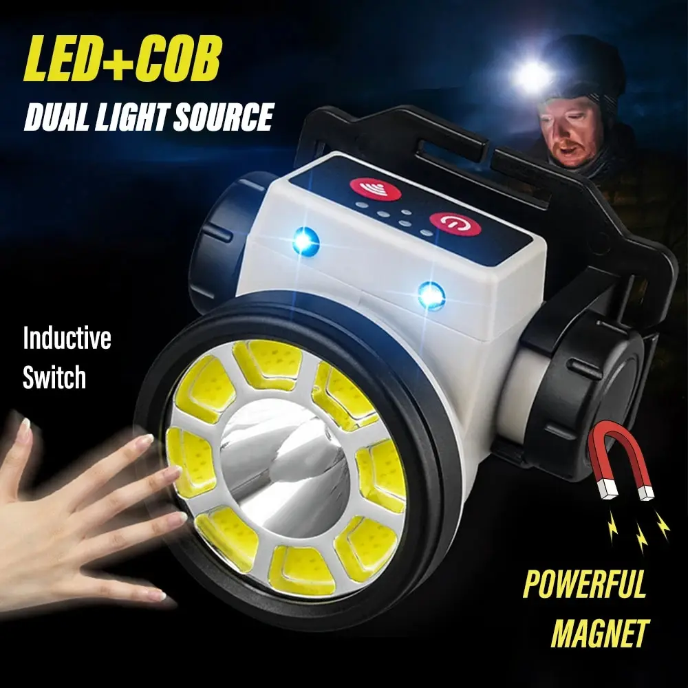 LED 낚시 헤드램프 충전식 램프, 고출력 LED 손전등 랜턴, 감지 기능, 하이 빔 및 로우 빔 모두 지원