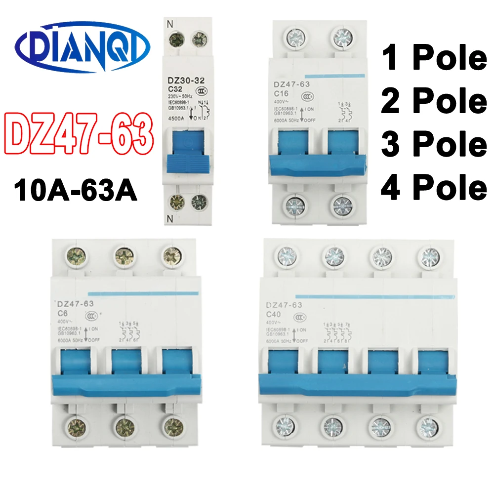 DZ47-63 DPN 1-4 극 미니 회로 차단기, MCB 타입 MCB, 35mm Din 레일 마운트, 차단 용량 6KA, 400V, 1PC
