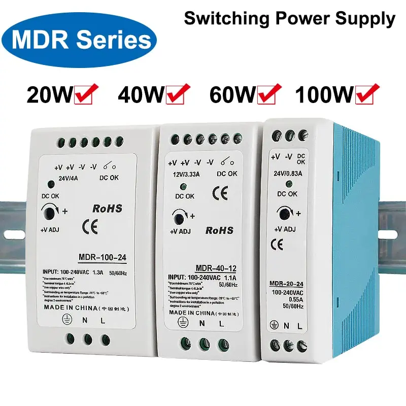 5V 12V 24V 48V 전원 MDR-20W 60W 100W 산업용 AC/DC Din 레일 전원 공급 장치 스위치 단일 출력 스위칭
