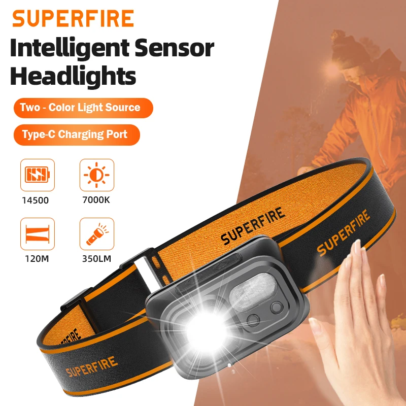SUPERFIRE HL23-S LED + COB 헤드 램프 (유도 USB-C 충전식 헤드 라이트 포함) 낚시 캠핑 랜턴 용 미니 헤드 램프