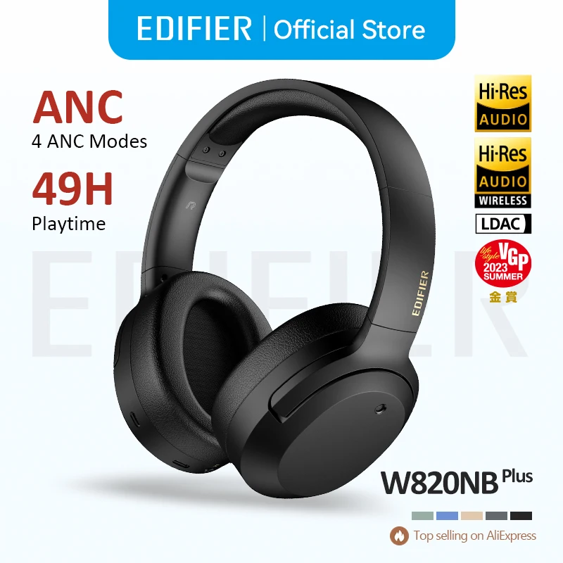 Edifier W820NB Plus 고해상도 무선 소음 차단 헤드폰, -43dB ANC, LDAC 코덱, 220g의 가벼운 오버이어 헤드셋, 49시간의 배터리 수명